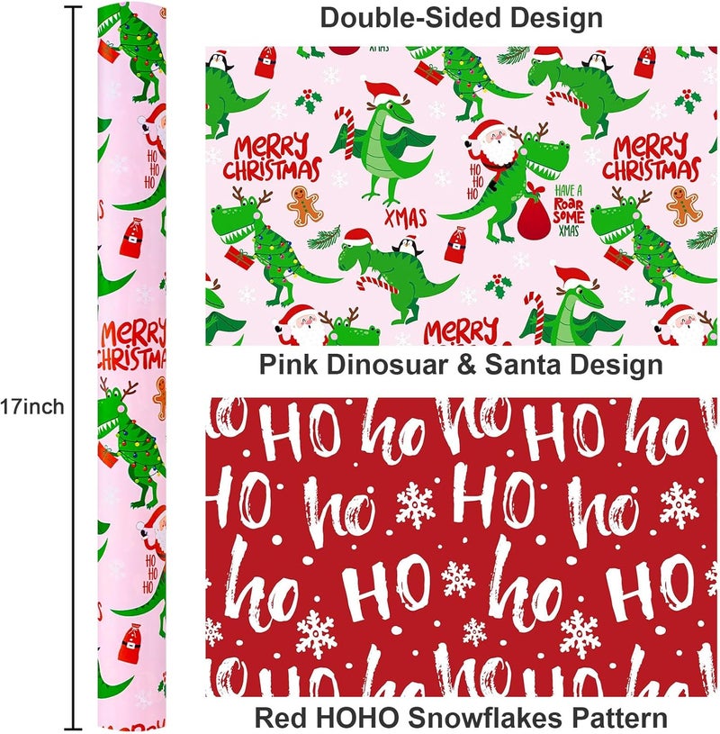 Yarcony Pink Dinosaur Christmas Wrapping Paper, Pink Gift Wrap, Funny Dinosaur and Santa Claus Dino Christmas Gift Wrapping Paper for Girls Kids women Holiday Present Packaging (17 Inch X 33 Feet) - Image 3